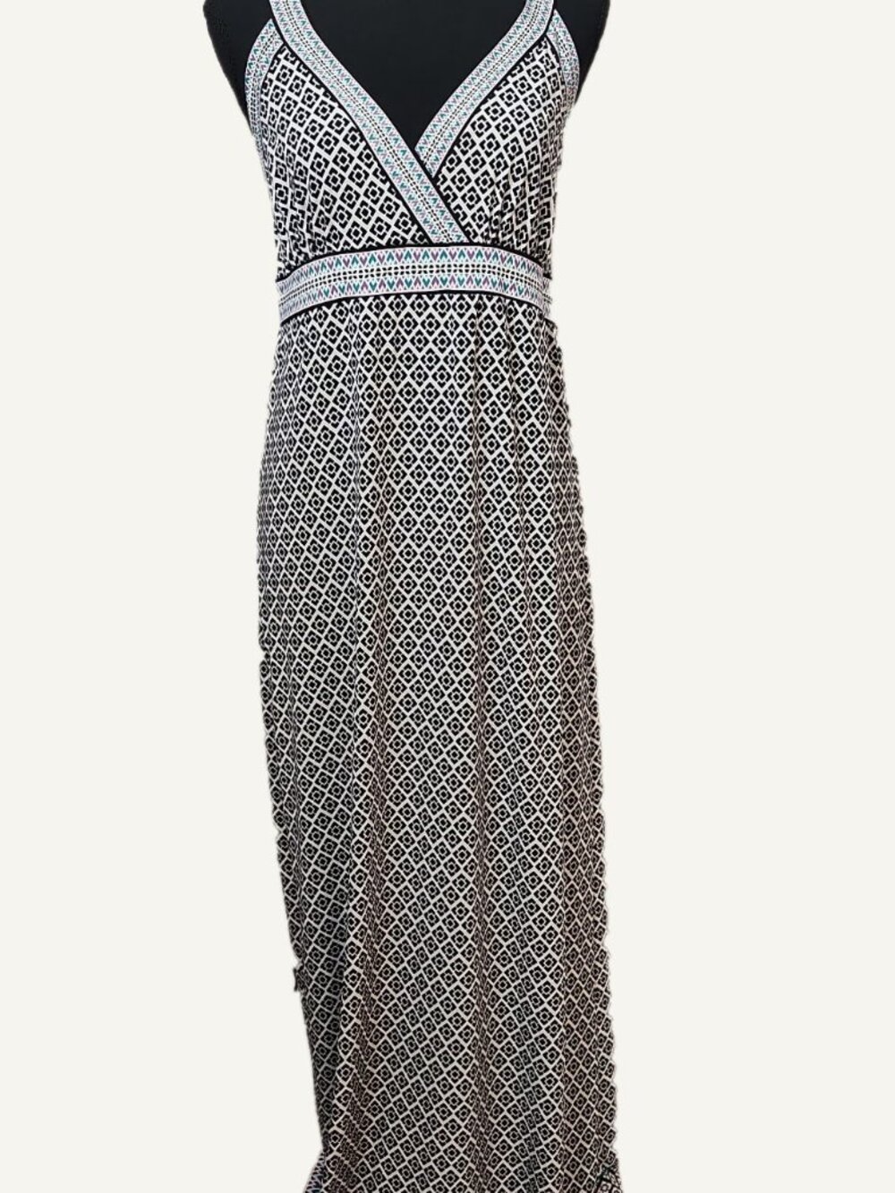 Studio M Geometric Print Maxi Dress Boho Aztec Trim Size M